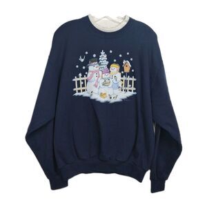 VTG Morning Sun Pullover Christmas Sweatshirt Women L Blue Snowmen Graphic Print